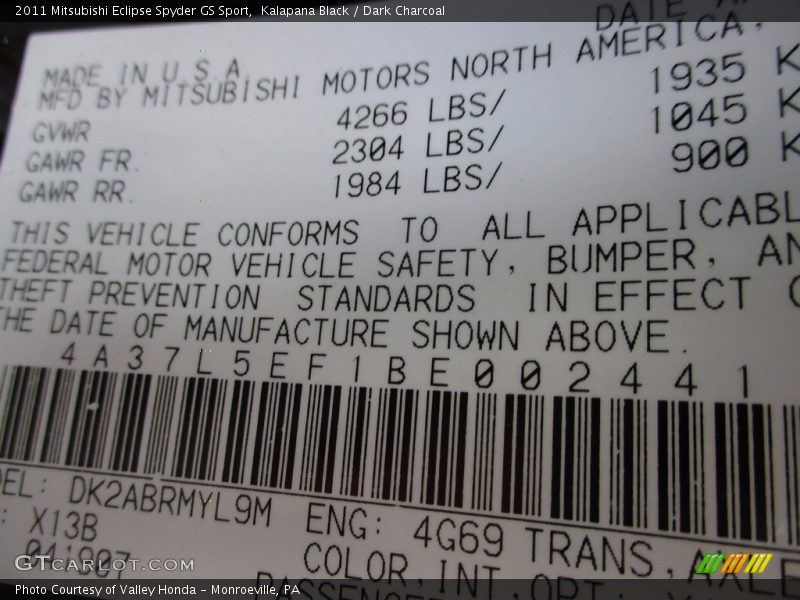 Kalapana Black / Dark Charcoal 2011 Mitsubishi Eclipse Spyder GS Sport