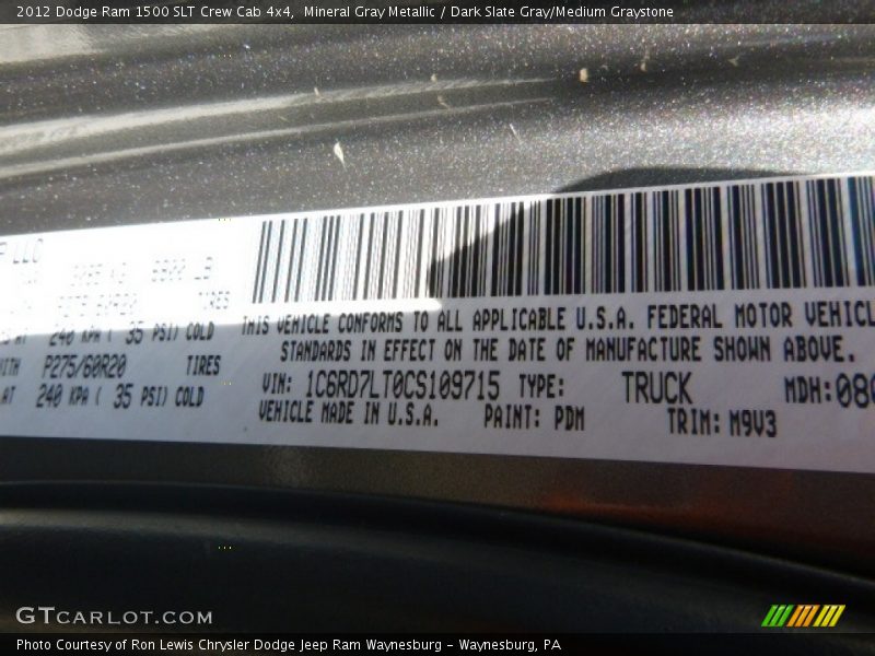 Mineral Gray Metallic / Dark Slate Gray/Medium Graystone 2012 Dodge Ram 1500 SLT Crew Cab 4x4