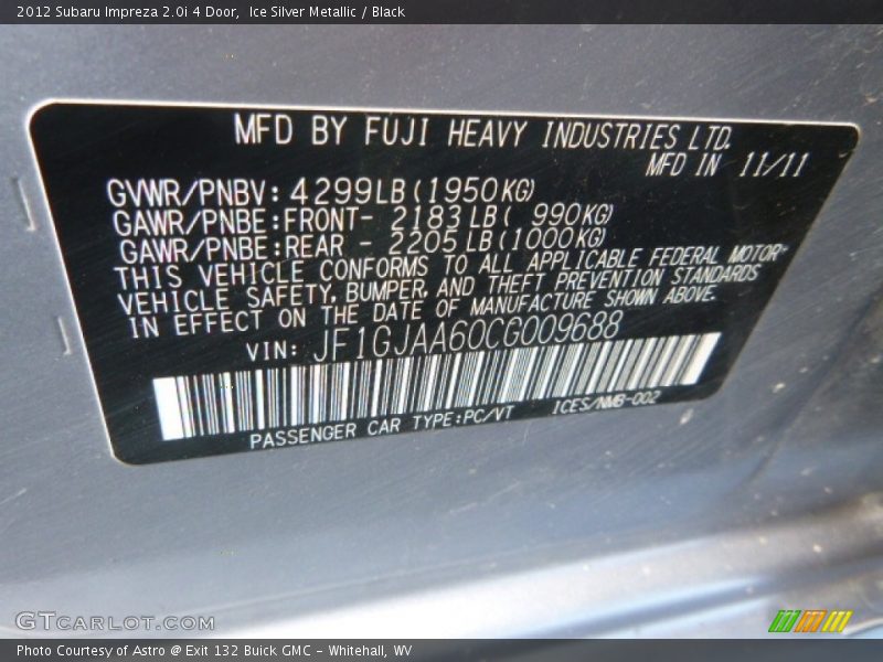 Ice Silver Metallic / Black 2012 Subaru Impreza 2.0i 4 Door