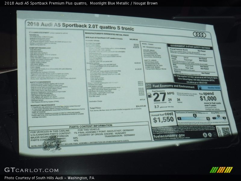  2018 A5 Sportback Premium Plus quattro Window Sticker