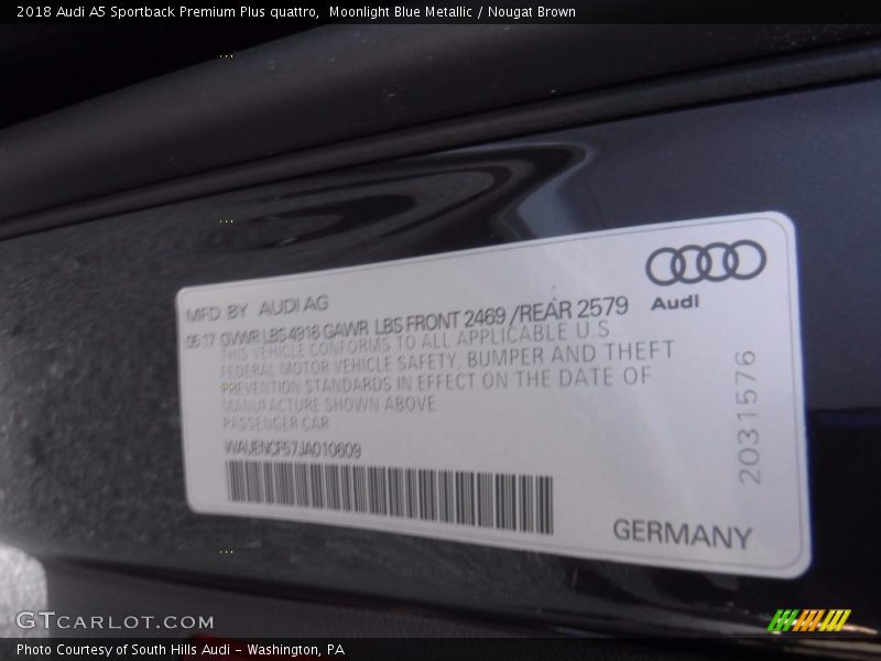 Moonlight Blue Metallic / Nougat Brown 2018 Audi A5 Sportback Premium Plus quattro