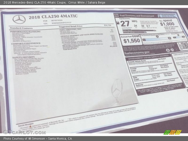  2018 CLA 250 4Matic Coupe Window Sticker