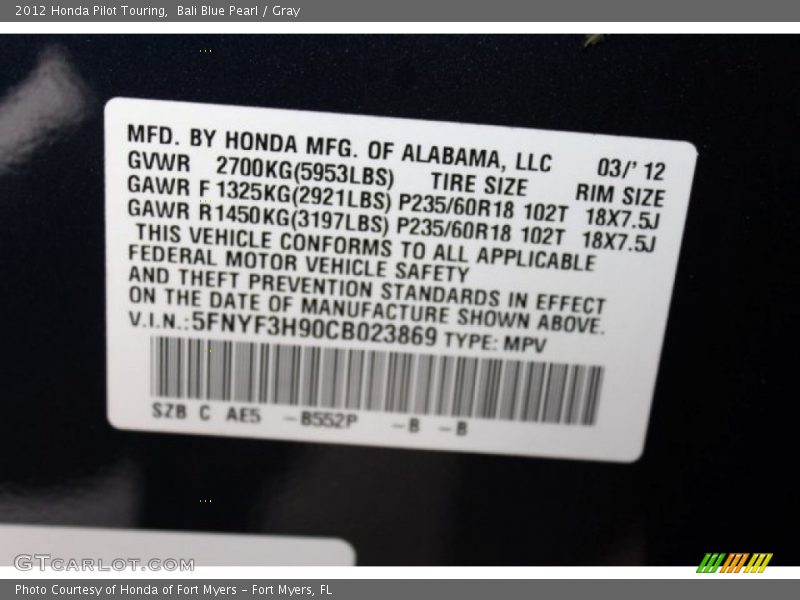 Bali Blue Pearl / Gray 2012 Honda Pilot Touring