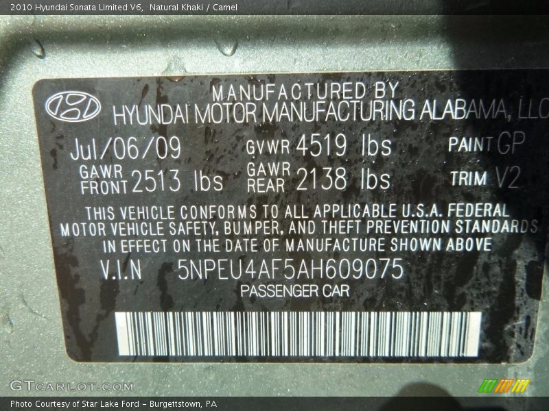 2010 Sonata Limited V6 Natural Khaki Color Code GP
