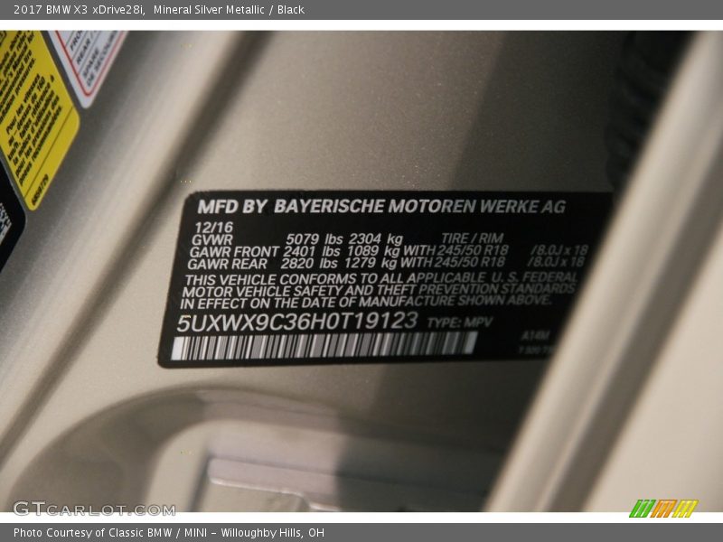 Mineral Silver Metallic / Black 2017 BMW X3 xDrive28i