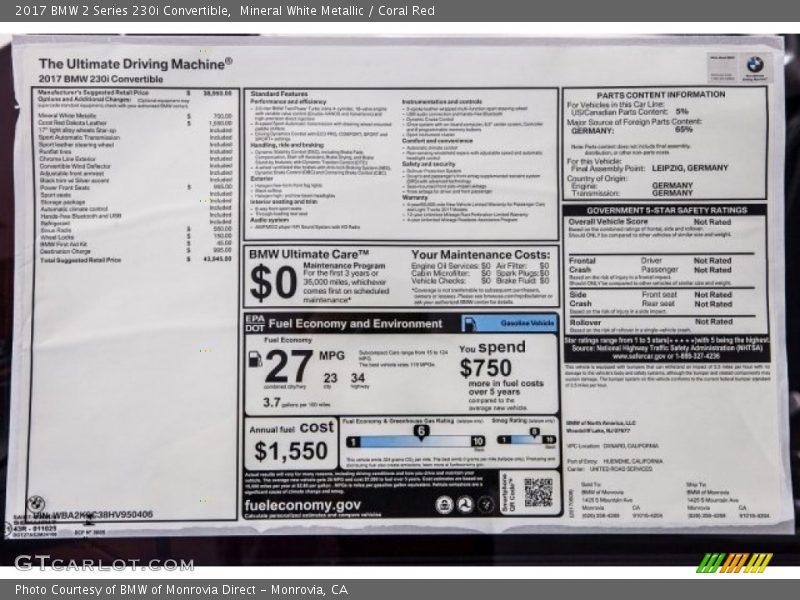 Mineral White Metallic / Coral Red 2017 BMW 2 Series 230i Convertible