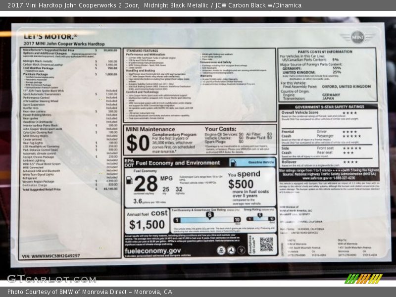  2017 Hardtop John Cooperworks 2 Door Window Sticker