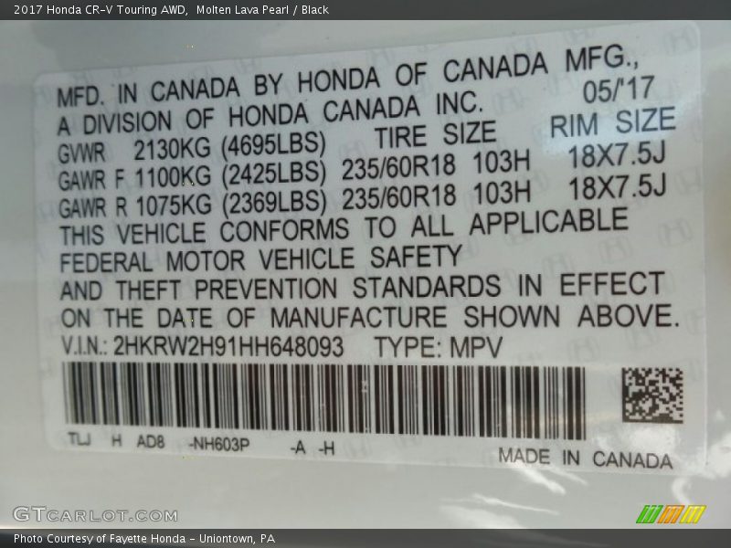 Molten Lava Pearl / Black 2017 Honda CR-V Touring AWD