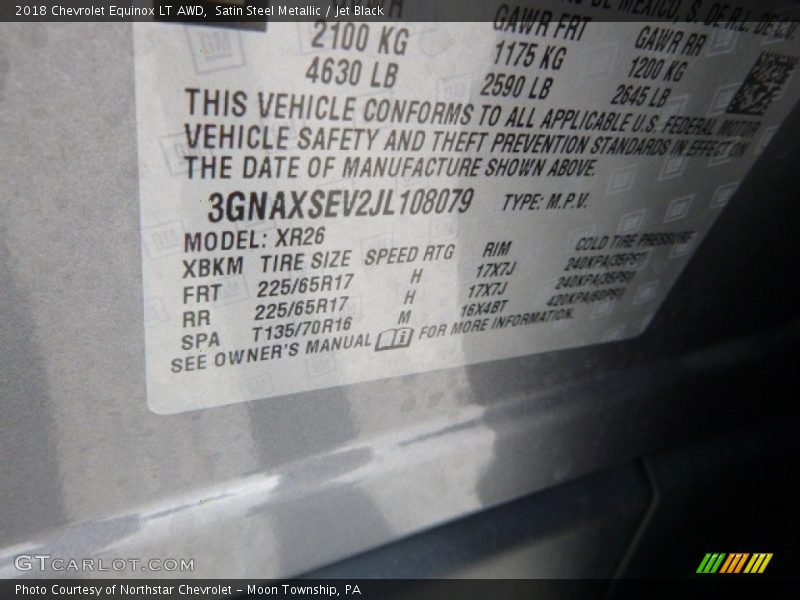 Satin Steel Metallic / Jet Black 2018 Chevrolet Equinox LT AWD