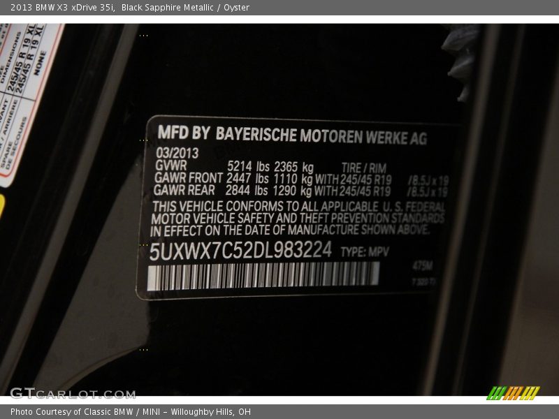 Black Sapphire Metallic / Oyster 2013 BMW X3 xDrive 35i