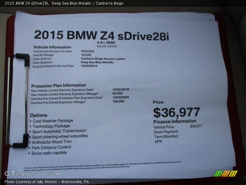Deep Sea Blue Metallic / Canberra Beige 2015 BMW Z4 sDrive28i