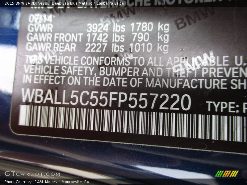 Deep Sea Blue Metallic / Canberra Beige 2015 BMW Z4 sDrive28i