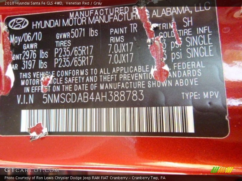 Venetian Red / Gray 2010 Hyundai Santa Fe GLS 4WD