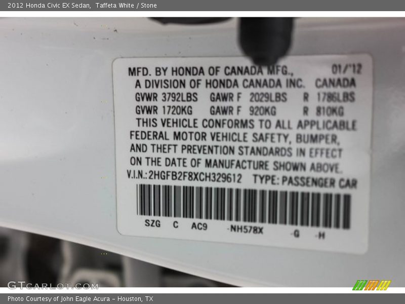Taffeta White / Stone 2012 Honda Civic EX Sedan