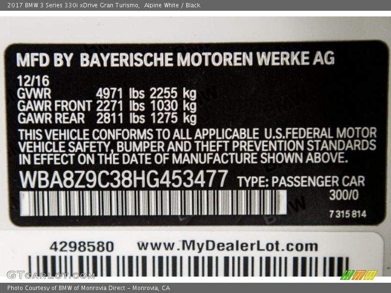 Alpine White / Black 2017 BMW 3 Series 330i xDrive Gran Turismo