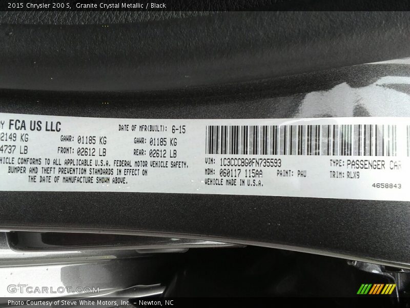 Granite Crystal Metallic / Black 2015 Chrysler 200 S