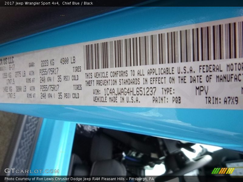 Chief Blue / Black 2017 Jeep Wrangler Sport 4x4