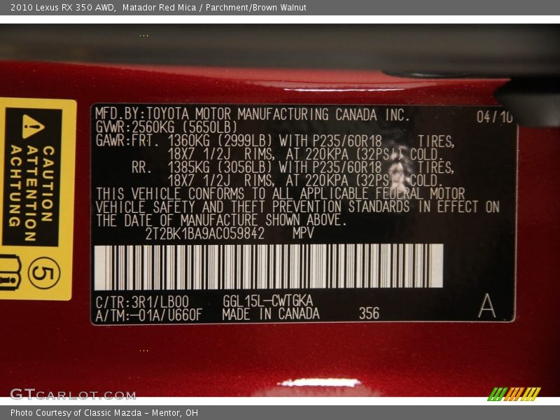 Matador Red Mica / Parchment/Brown Walnut 2010 Lexus RX 350 AWD