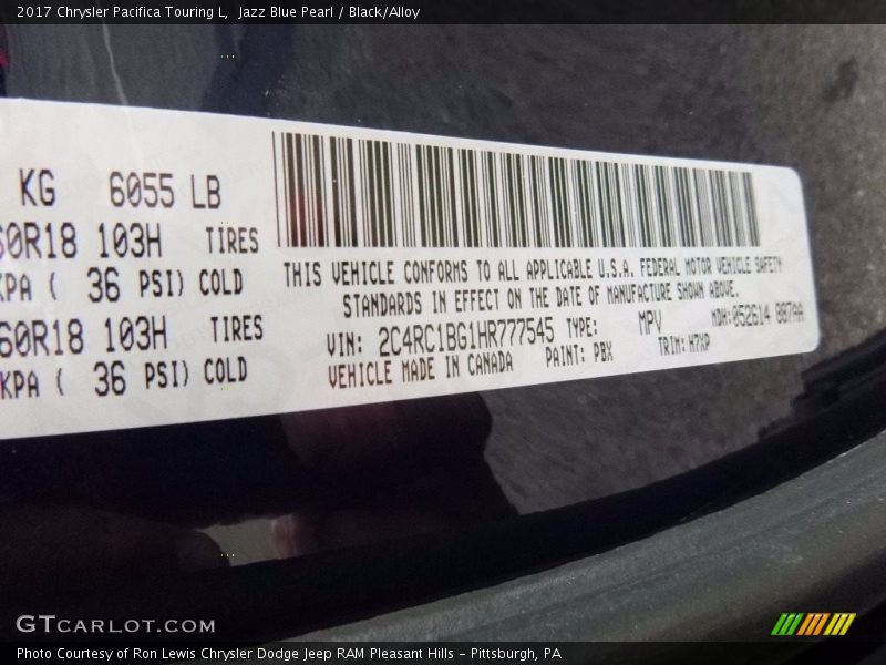 Jazz Blue Pearl / Black/Alloy 2017 Chrysler Pacifica Touring L