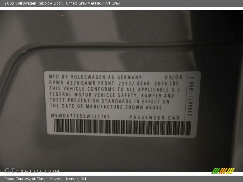 United Grey Metallic / Art Grey 2009 Volkswagen Rabbit 4 Door