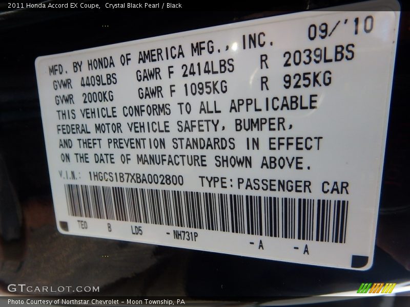 Crystal Black Pearl / Black 2011 Honda Accord EX Coupe