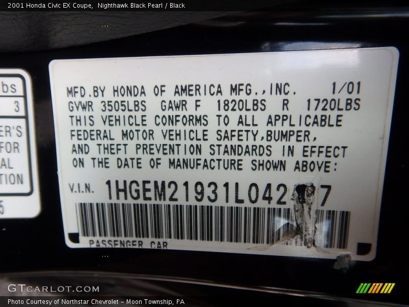Nighthawk Black Pearl / Black 2001 Honda Civic EX Coupe