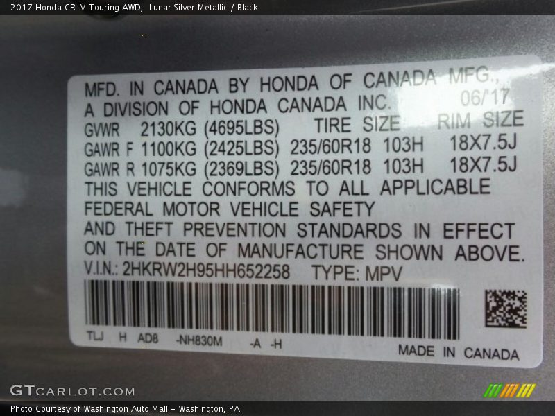 Lunar Silver Metallic / Black 2017 Honda CR-V Touring AWD