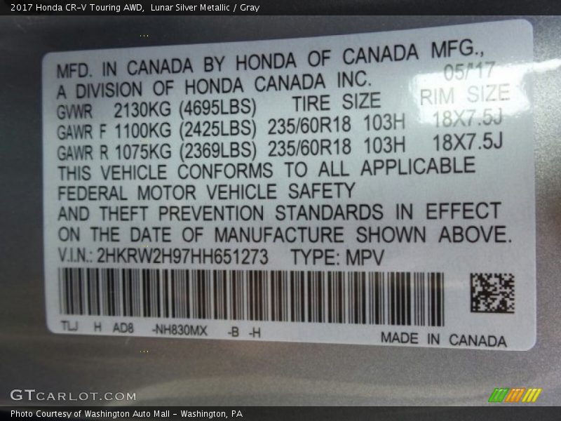 Lunar Silver Metallic / Gray 2017 Honda CR-V Touring AWD