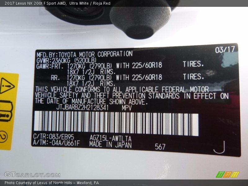 Ultra White / Rioja Red 2017 Lexus NX 200t F Sport AWD