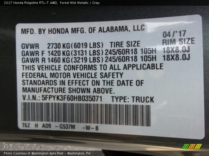 Forest Mist Metallic / Gray 2017 Honda Ridgeline RTL-T AWD