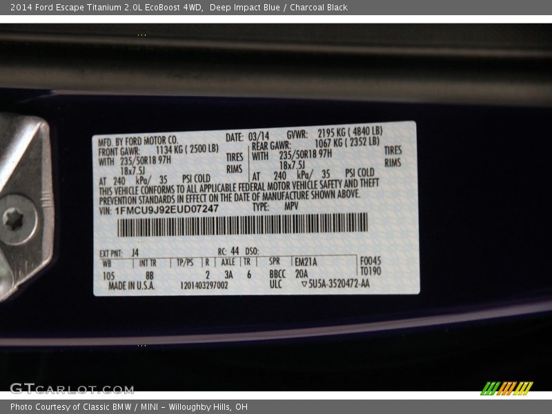Deep Impact Blue / Charcoal Black 2014 Ford Escape Titanium 2.0L EcoBoost 4WD