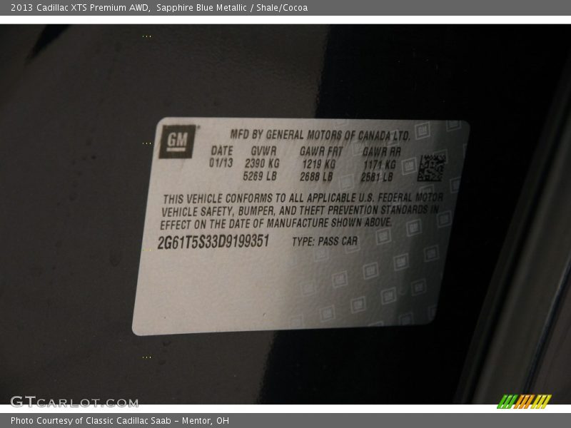 Sapphire Blue Metallic / Shale/Cocoa 2013 Cadillac XTS Premium AWD