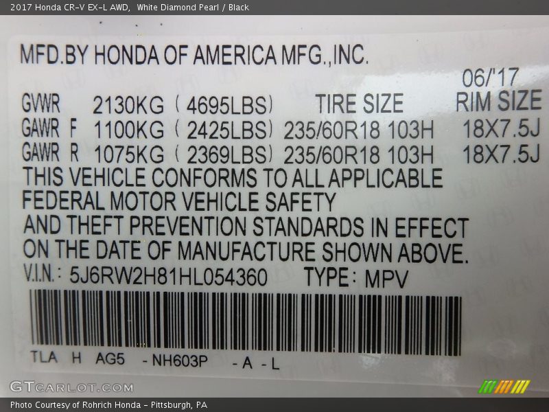 White Diamond Pearl / Black 2017 Honda CR-V EX-L AWD