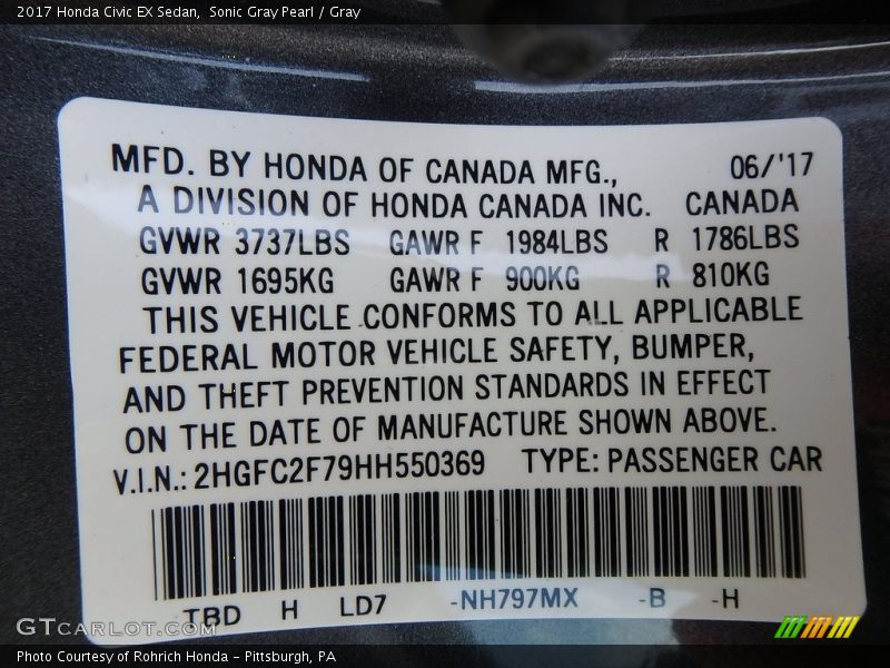 Sonic Gray Pearl / Gray 2017 Honda Civic EX Sedan