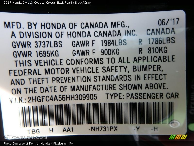 Crystal Black Pearl / Black/Gray 2017 Honda Civic LX Coupe
