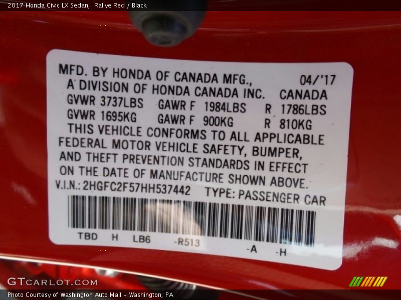 Rallye Red / Black 2017 Honda Civic LX Sedan