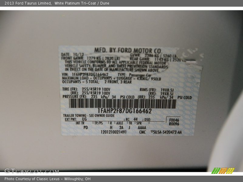 White Platinum Tri-Coat / Dune 2013 Ford Taurus Limited