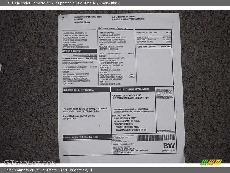  2011 Corvette Z06 Window Sticker