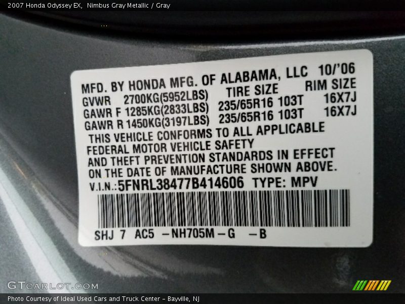 Nimbus Gray Metallic / Gray 2007 Honda Odyssey EX