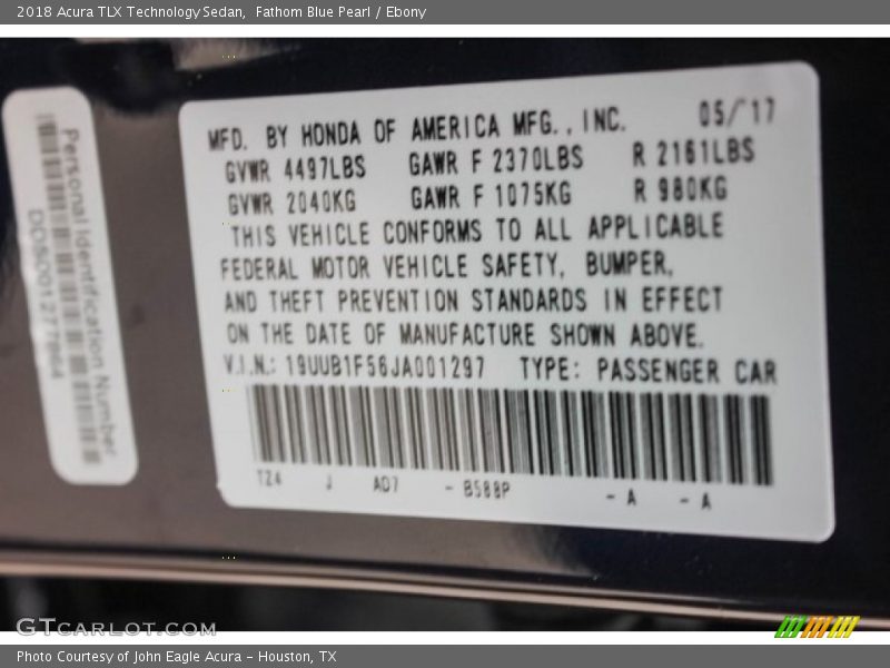 2018 TLX Technology Sedan Fathom Blue Pearl Color Code B588P