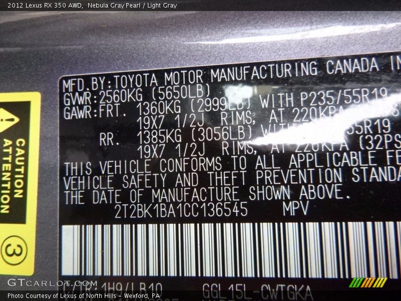 Nebula Gray Pearl / Light Gray 2012 Lexus RX 350 AWD