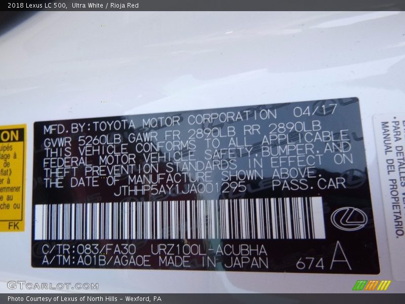 2018 LC 500 Ultra White Color Code 083