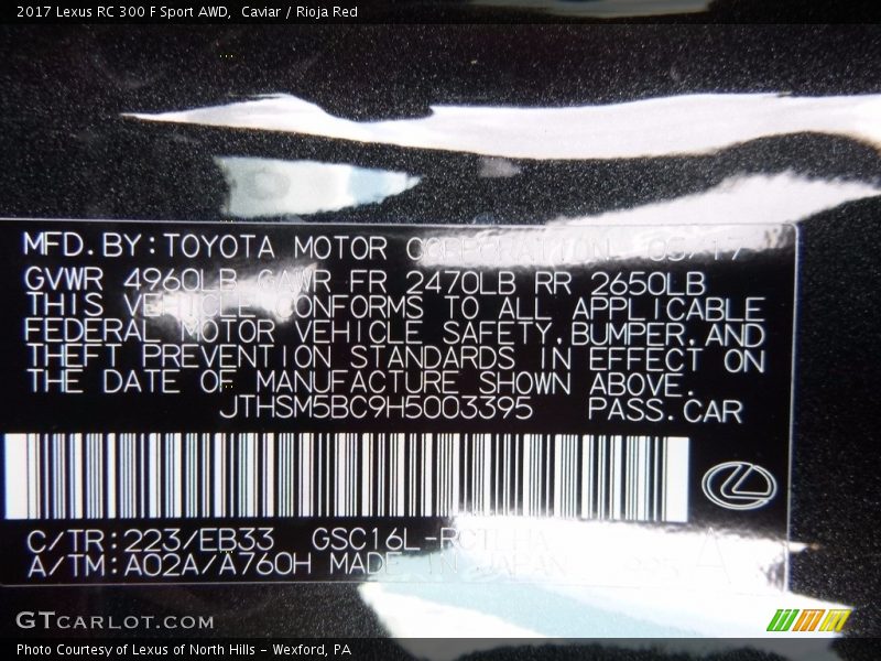 2017 RC 300 F Sport AWD Caviar Color Code 223