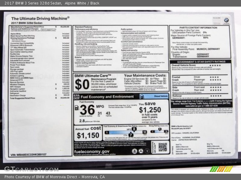  2017 3 Series 328d Sedan Window Sticker