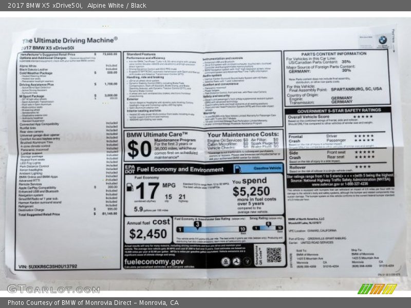  2017 X5 xDrive50i Window Sticker