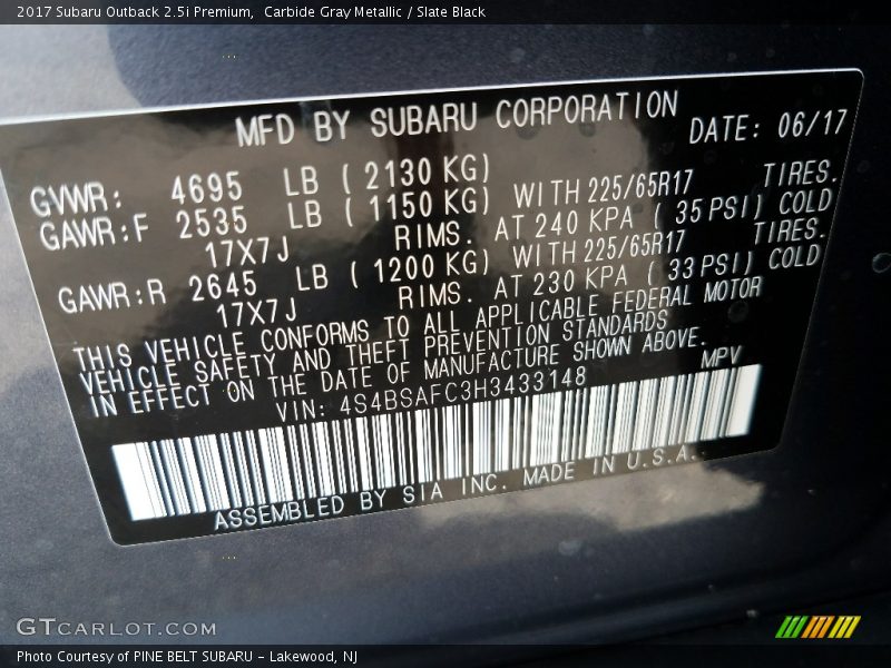 Carbide Gray Metallic / Slate Black 2017 Subaru Outback 2.5i Premium