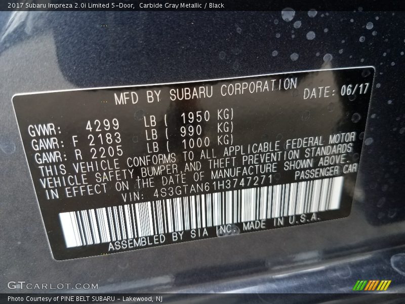 Carbide Gray Metallic / Black 2017 Subaru Impreza 2.0i Limited 5-Door