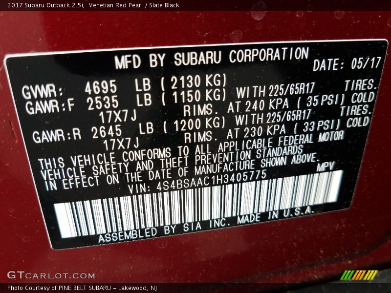 Venetian Red Pearl / Slate Black 2017 Subaru Outback 2.5i