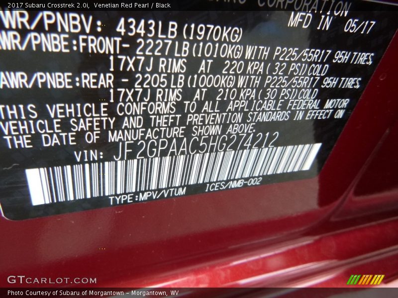 Venetian Red Pearl / Black 2017 Subaru Crosstrek 2.0i