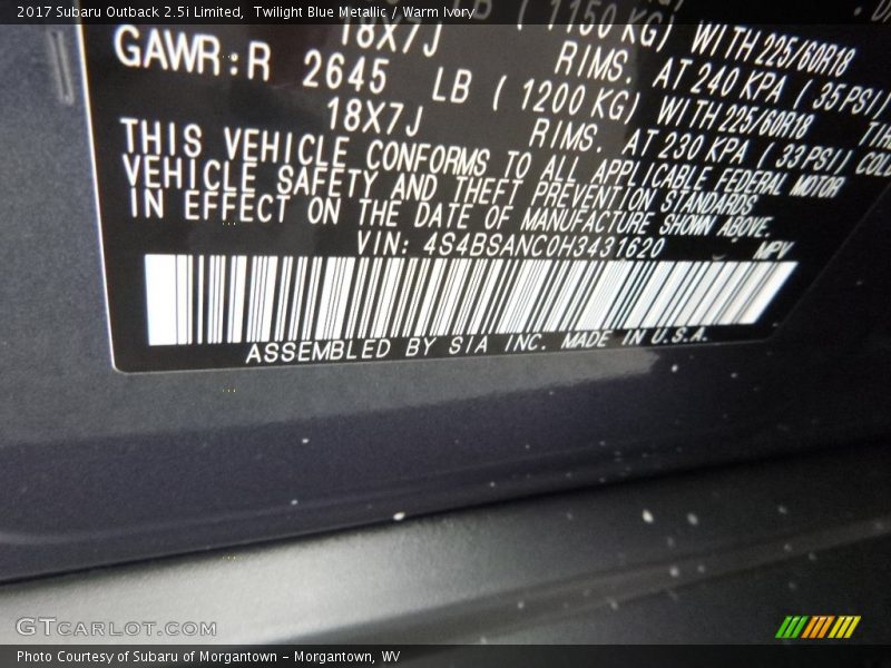 Twilight Blue Metallic / Warm Ivory 2017 Subaru Outback 2.5i Limited